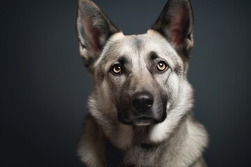 Close-up portrait photography of a cute norwegian elkhound wearing a therapeutic coat against a metallic silver background. With generative AI technology