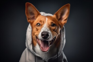 Lifestyle portrait photography of a smiling basenji dog wearing a fluffy hoodie against a metallic silver background. With generative AI technology