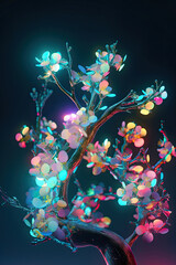 Tree of Dreams with Pink Flowers and Blue Bubbles,Fantasy Plants 3D Rendering Concept Plants