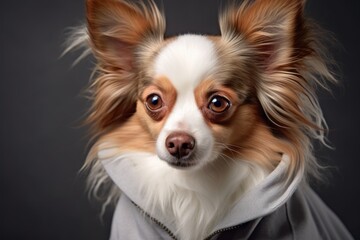 Close-up portrait photography of a cute papillon dog wearing a fluffy hoodie against a metallic silver background. With generative AI technology