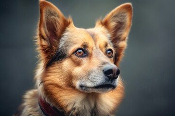 Headshot portrait photography of a cute norwegian lundehund wearing a therapeutic coat against a...