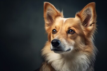 Headshot portrait photography of a cute norwegian lundehund wearing a therapeutic coat against a...