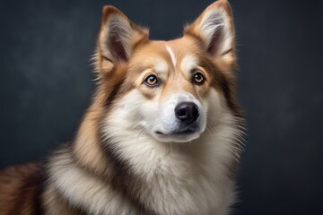 Headshot portrait photography of a cute norwegian lundehund wearing a therapeutic coat against a metallic silver background. With generative AI technology