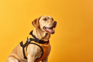 Medium shot portrait photography of a happy labrador retriever wearing a swimming vest against a beige background. With generative AI technology