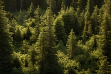 A lush forest of spruce, fir, and pine trees. Generative AI