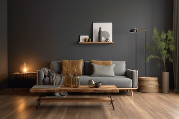 Contemporary living space with gray walls, wooden floor, brown sofa, cushions, and coffee table. Generative AI