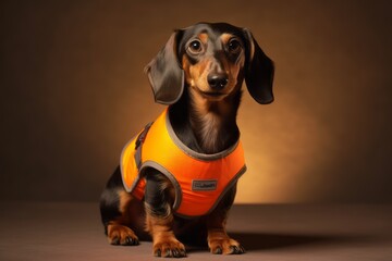Lifestyle portrait photography of a cute dachshund wearing a reflective vest against a beige background. With generative AI technology