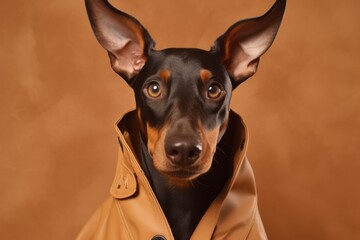 Headshot portrait photography of a cute doberman pinscher wearing a therapeutic coat against a beige background. With generative AI technology