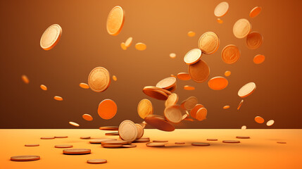 Falling golden coins on yellow background