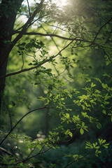 Fototapeta premium Sunlight in a Lush Green Forest,sun rays in the forest,sun rays through the forest