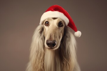 Close-up portrait photography of a cute afghan hound dog wearing a christmas hat against a beige background. With generative AI technology