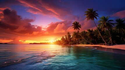 Fototapeta na wymiar A beautiful sunset over a tropical beach with palm trees