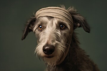 Lifestyle portrait photography of a funny scottish deerhound wearing a bandage against a beige background. With generative AI technology