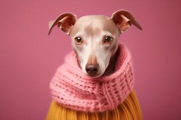 Group portrait photography of a funny italian greyhound dog wearing a warm scarf against a warm taupe background. With generative AI technology