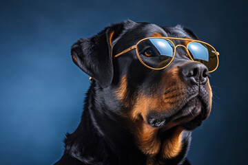 Lifestyle portrait photography of a funny rottweiler wearing a trendy sunglasses against a cool gray background. With generative AI technology