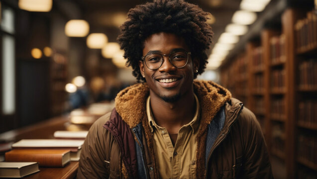 Bellissimo ragazzo di origini africane con capelli ricci e occhiali studia in biblioteca