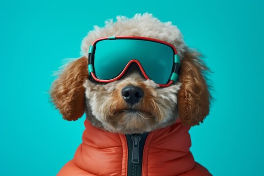 Close-up portrait photography of a cute poodle wearing a ski suit against a tropical teal background. With generative AI technology