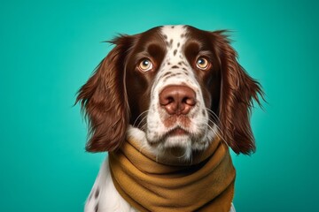 Medium shot portrait photography of a happy english springer spaniel wearing a warm scarf against a tropical teal background. With generative AI technology