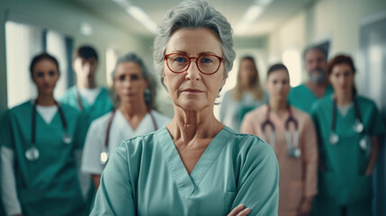 Portrait of a old doctor standing with her team in hospital