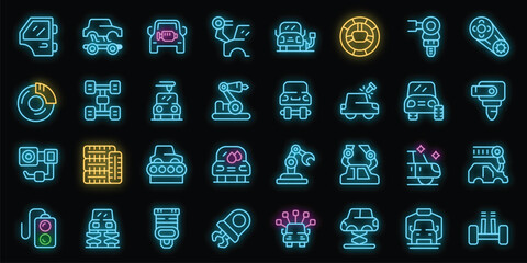 Auto assembly icons set outline vector. Robot factory. Car industry neon color on black