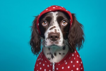 Medium shot portrait photography of a funny english springer spaniel wearing a ladybug costume against a tropical teal background. With generative AI technology