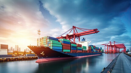 Naklejka premium Container Cargo freight ship with working crane bridge at sunset for Logistic Import Export background