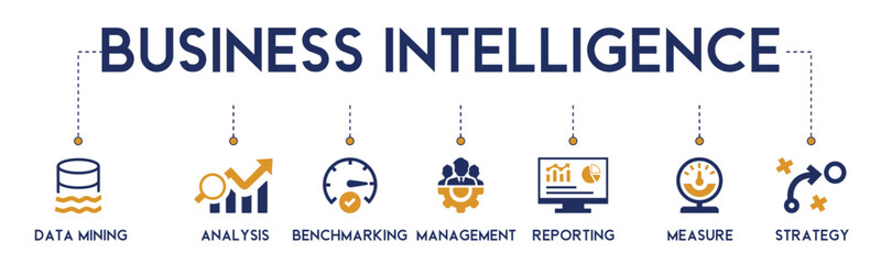 Business intelligence banner website icons vector illustration concept with an icons of data mining, analysis, benchmarking, management, reporting, measure, strategy on white background