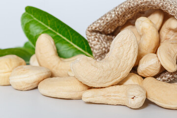 Cashew nut raw on  a white background.