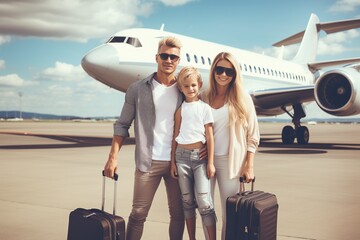 A family with a son and daughter happily travels on a big plane for a summer family vacation and family bonding. family concept.