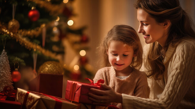 Mother, daughter look at gifts under tree