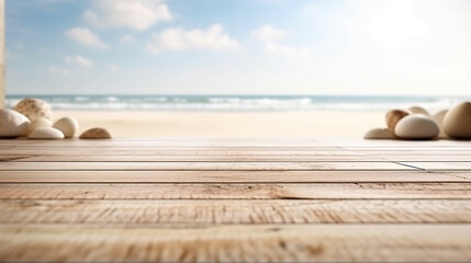 Wooden table deck on blur beach background