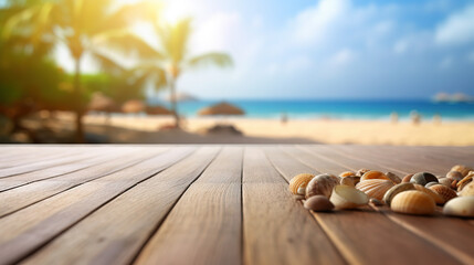 Fototapeta na wymiar Wooden table deck on blur beach background