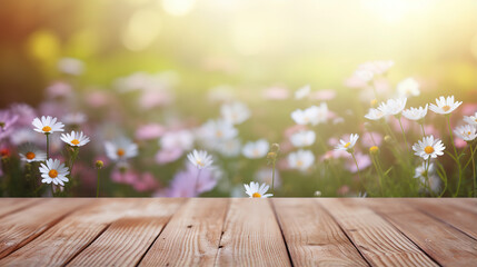 Wooden table deck on blur  dainty wildflowers mountain background