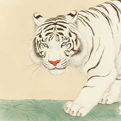 White Tiger in Traditional Japanese Style,Japanese style illustration of a white tiger, traditional