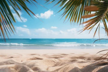 Rolgordijnen tropical landscape sandy beach and palm tree against blue sky. copy space for text © Michael