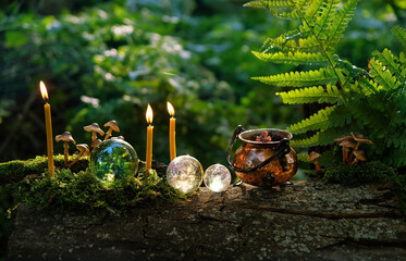 witch cauldron, candles and crystal balls on stump in forest, abstract natural dark background....