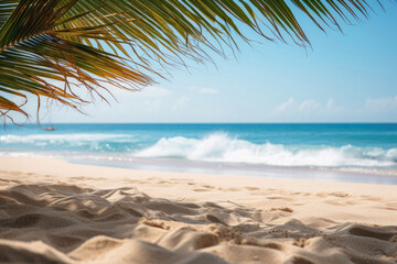 Fototapeta na wymiar tropical landscape sandy beach and palm tree against blue sky. copy space for text