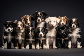 Row of puppies, dogs on a wooden surface on a dark background