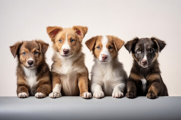 Row of puppies, dogs on a light background