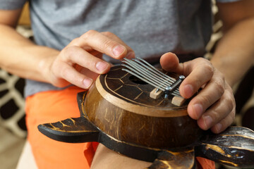 Kalimba turtle. Traditional Kalimba made from wooden board with metal, play on hands. Selective focus