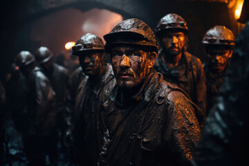 Fototapeta na wymiar Male workers miners in a coal mine, selective focus