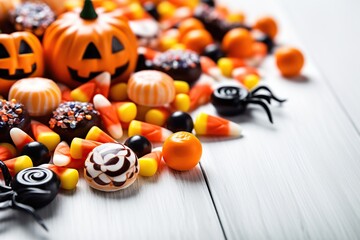 Halloween candies on white wooden background