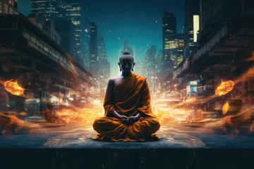  Buddhist monk meditating in the lotus position with city background, enlightenment concept, ai generative © mariof