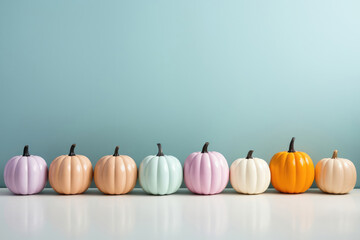 colored pumpkins in a row on a light background. copy space for text