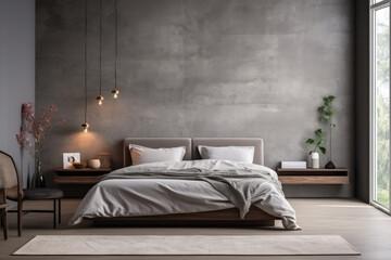 Modern minimalist bedroom interior design with plants, in gray color