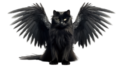 A black cat with wings isolated on transparent background - Generative AI