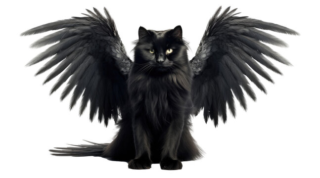 A Black Cat With Wings Isolated On Transparent Background - Generative AI