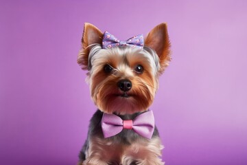 Group portrait photography of a cute yorkshire terrier wearing a cute bow tie against a lilac purple background. With generative AI technology