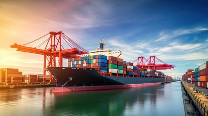 Container Cargo freight ship with working crane bridge at sunset for Logistic Import Export background