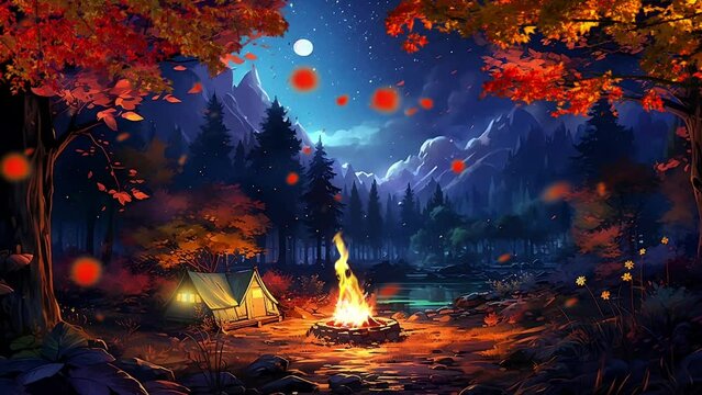 Camping In The Mountains At Night, With Bonfire, And Tent, Beautiful View Background Looping Cartoon Or Anime Illustration Style